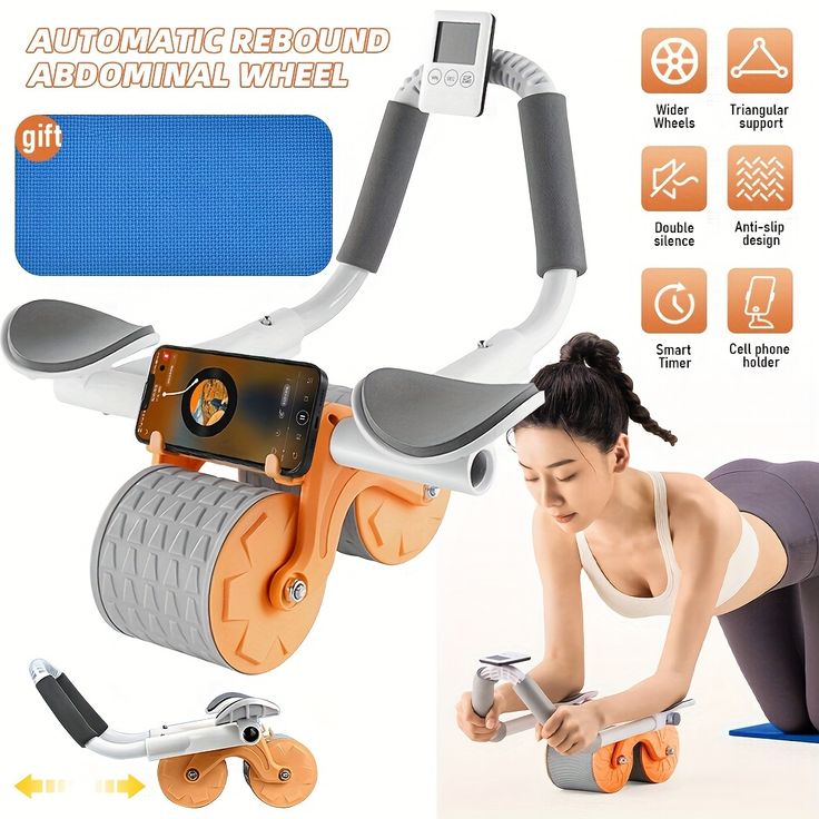 Automatic Rebound Ab Wheel with Phone Mount: Mute Abdominal Roller & Core Strength Equipment for Quiet Home Gym Use