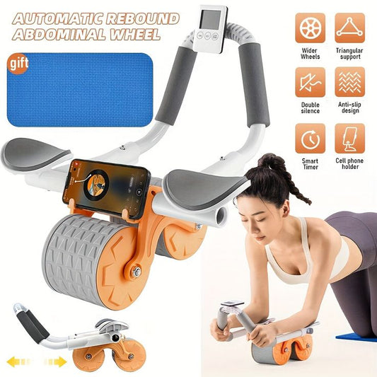 Automatic Rebound Ab Wheel with Phone Mount: Mute Abdominal Roller & Core Strength Equipment for Quiet Home Gym Use