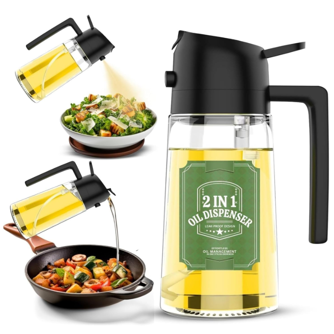 2-in-1 Glass Oil Dispenser & Sprayer Bottle - Leak-Proof, High-Heat Borosilicate Oil Container for Air Fryers & Cooking