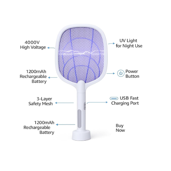 Rechargeable 2-in-1 Bug Zapper Racket & Mosquito Killer Lamp with UV Light | Electric Fly Swatter and USB Charging